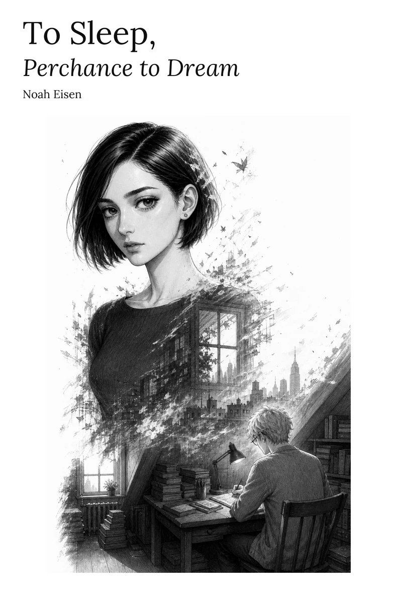 To Sleep, Perchance to Dream, cover. A woman's portrait dissolves into a city above a writer at his desk.
